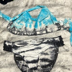 Lucky Brand Bikini tie dye blue gray 3 pieces